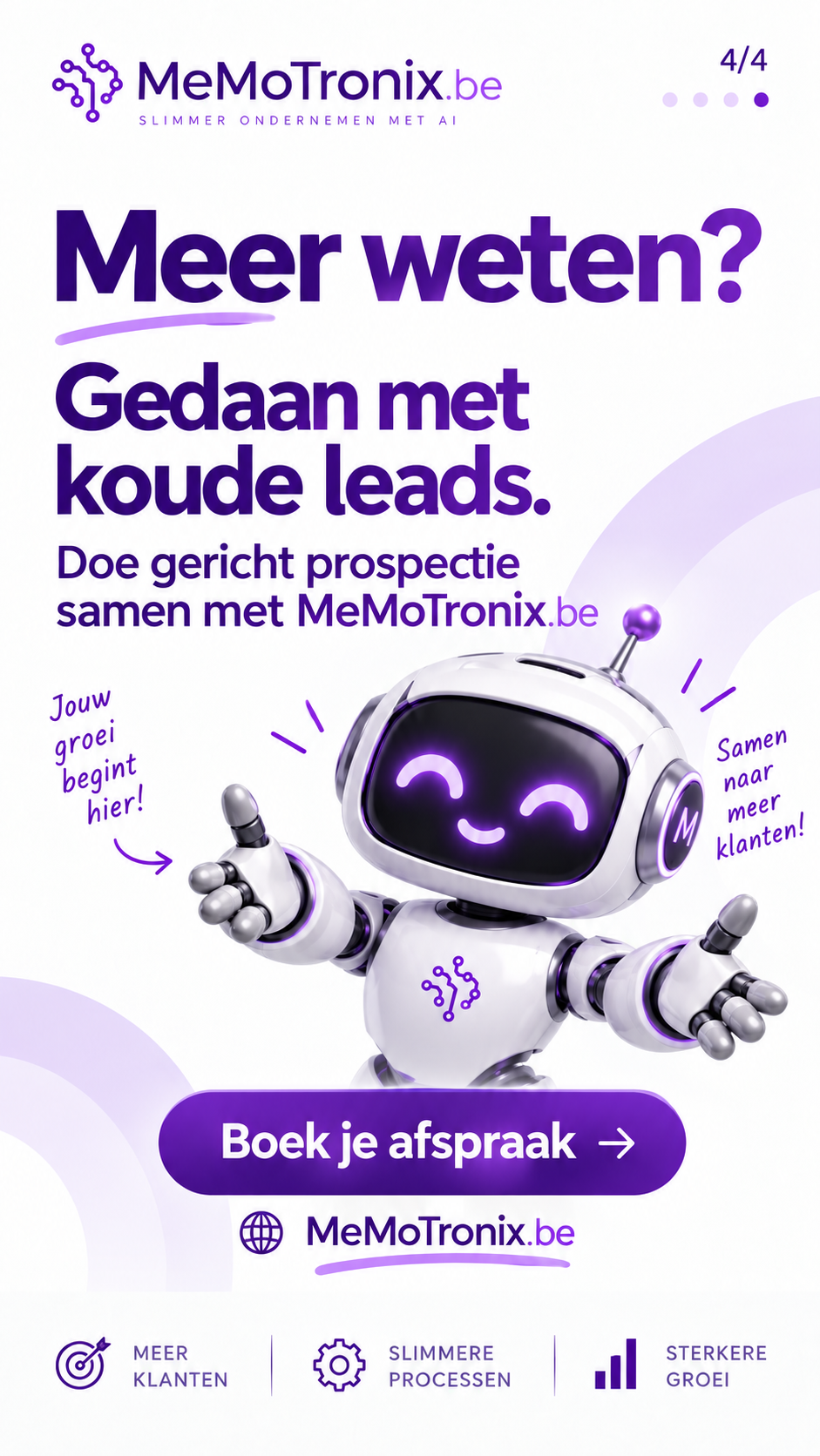 Visuel de campagne MeMoTronix 4 sur 5 : robot enthousiaste avec le bouton « Réservez votre rendez-vous ».