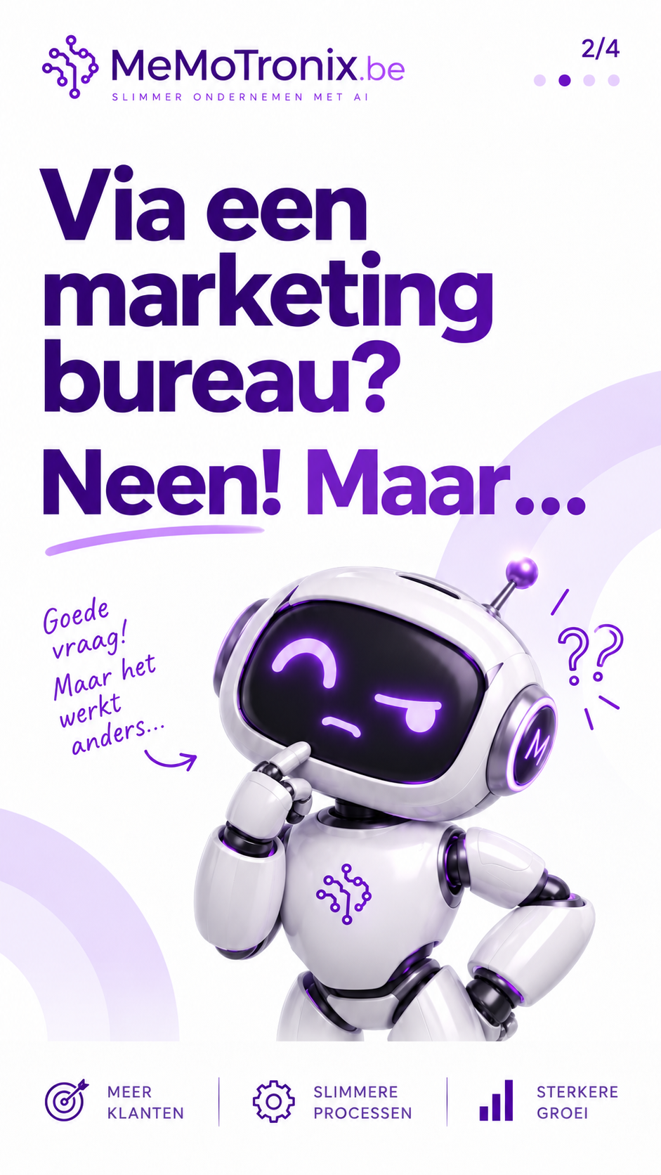 Visuel de campagne MeMoTronix 2 sur 5 : robot hésitant avec le texte « Via une agence marketing ? Non ! Mais… »