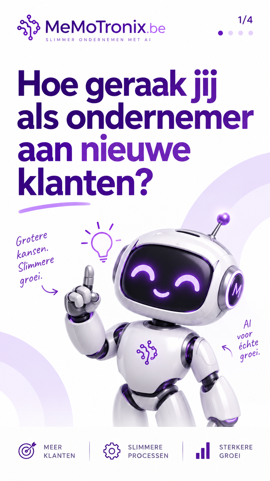 Visuel de campagne MeMoTronix 1 sur 5 : robot avec une ampoule et la question « Comment trouvez-vous de nouveaux clients ? »