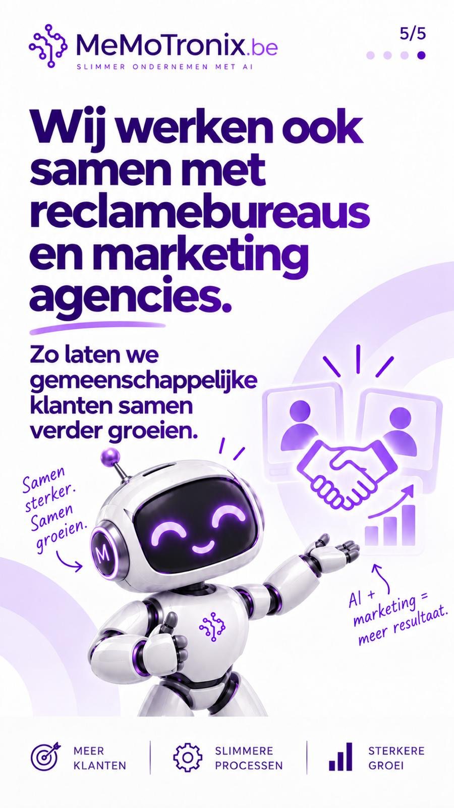 Visuel de campagne MeMoTronix 5 sur 5 : robot avec une poignée de main, « Nous collaborons aussi avec les agences publicitaires et marketing. »