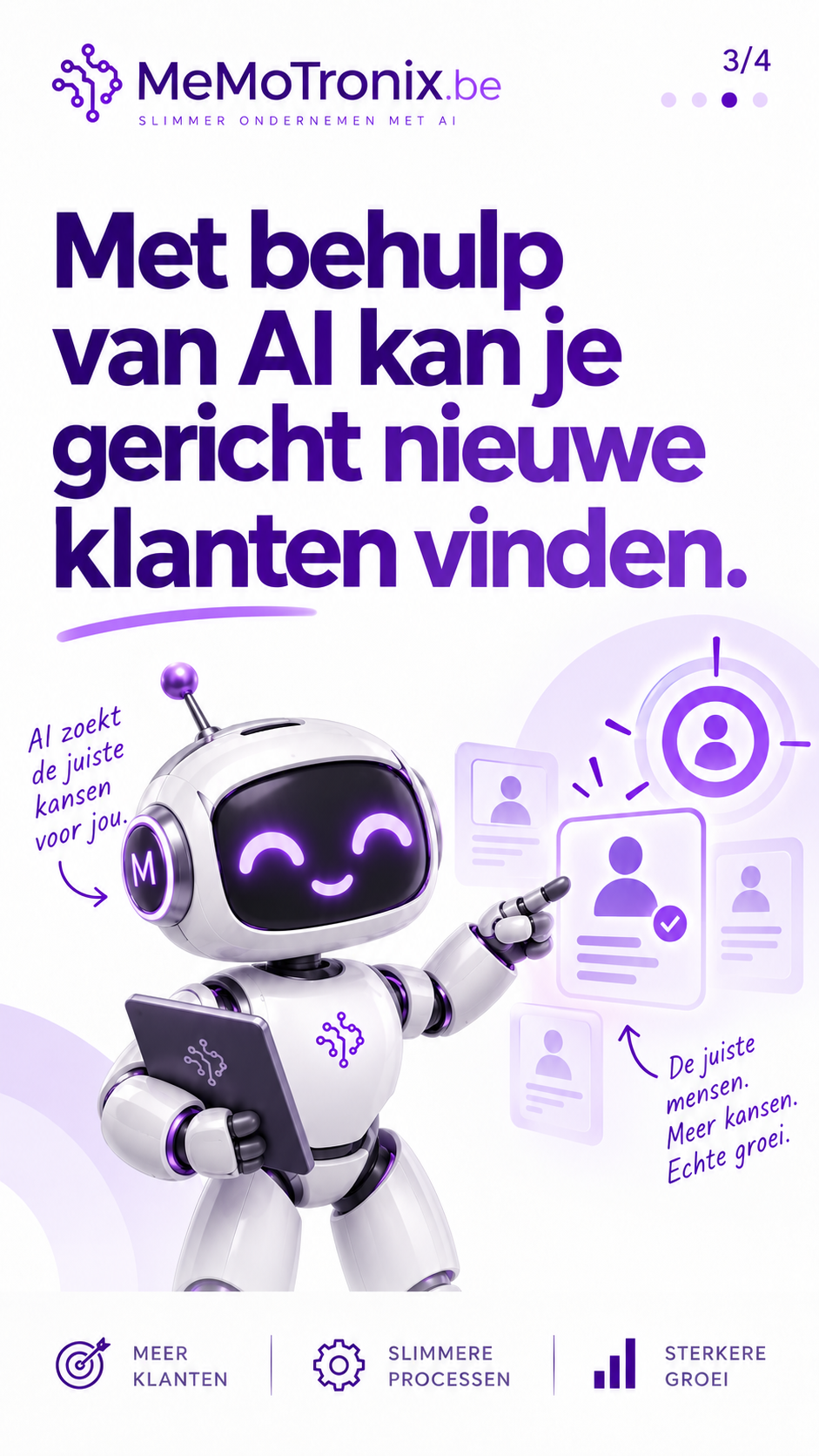 Visuel de campagne MeMoTronix 3 sur 5 : robot désignant des fiches de contacts, « Avec l'IA, trouvez des clients de façon ciblée. »