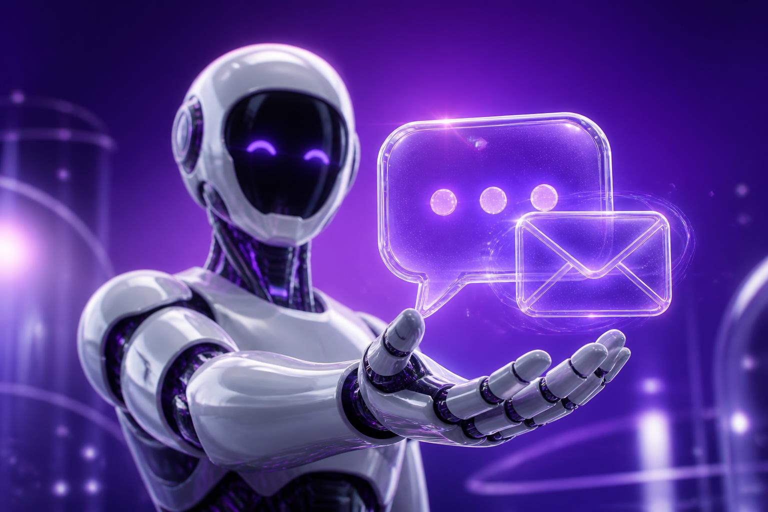AI-robot reikt een chatbubbel en envelop aan — neem contact op met MeMoTronix.