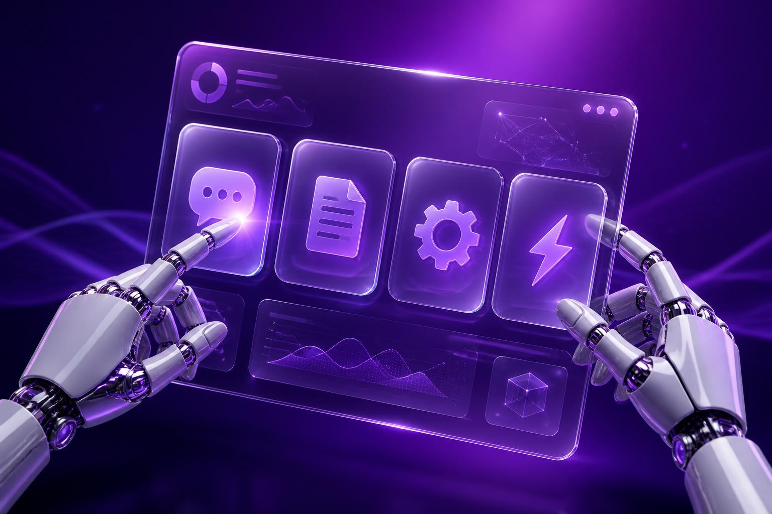 Robotic hands interacting with a holographic dashboard of AI services for SMBs.