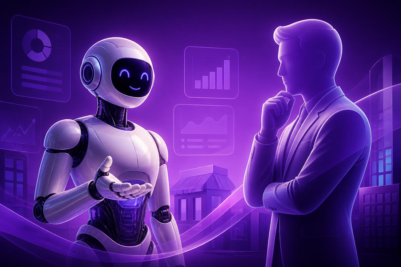 Vriendelijke AI-robot in gesprek met een consultant — samenwerking tussen mens en AI.